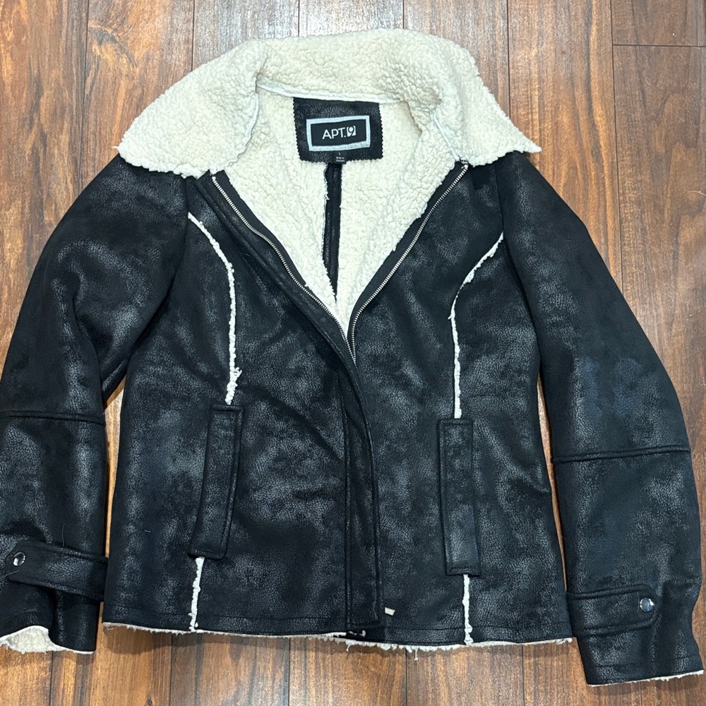 Apt. 9 Black Faux-Shearling Aviator Jacket with Cream Lining women size L  soft